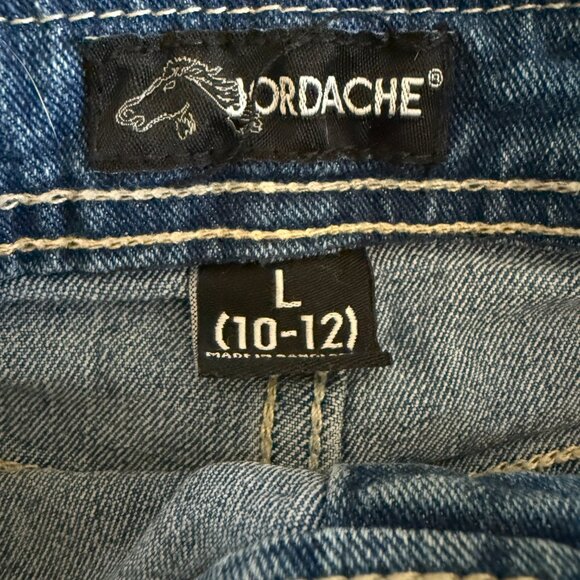 Jordache Girls Denim Overall Shorts Size L 10/12 Distressed Raw Cuff Lace - Picture 3 of 3